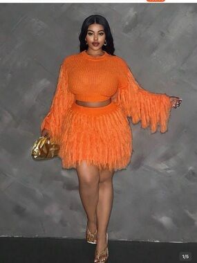 SHEIN Orange Fringe Knit Mini Skirt Set